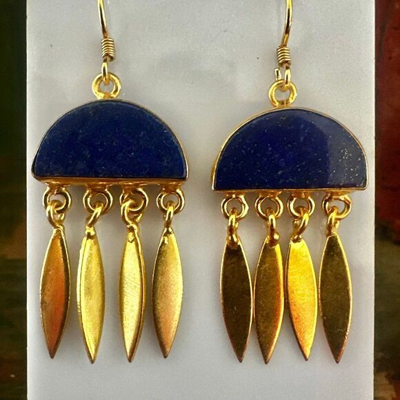 14k Gold Plated Lapis Lazuli Drop Earrings - Picture 1 of 10